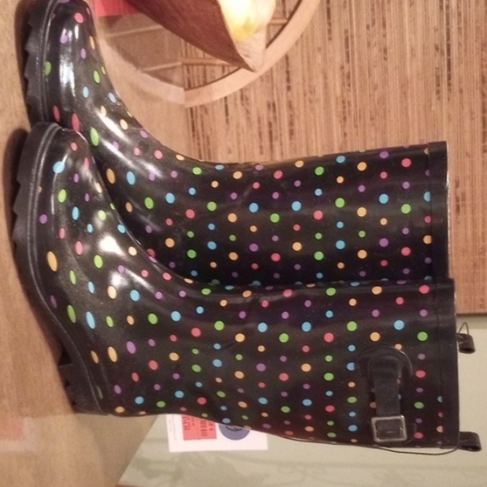 Brand new polka dots,  rubber, rain boots still with tickets on.